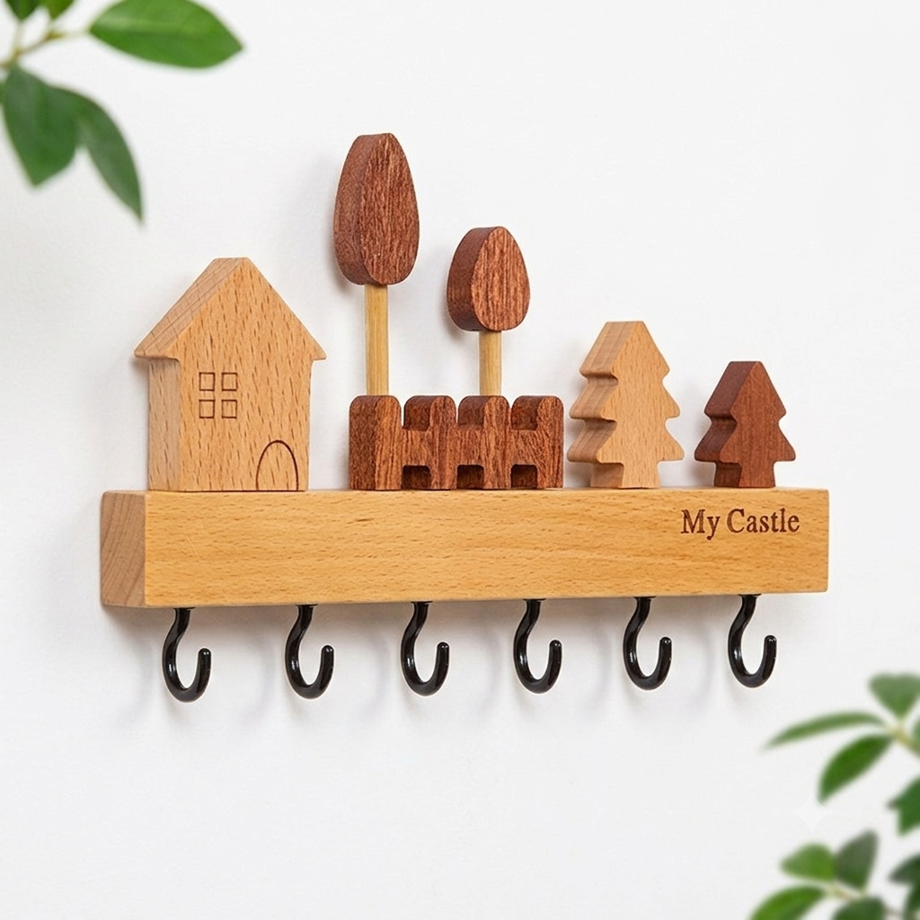 Porte-Manteau Mural en Bois - Porte-Clés