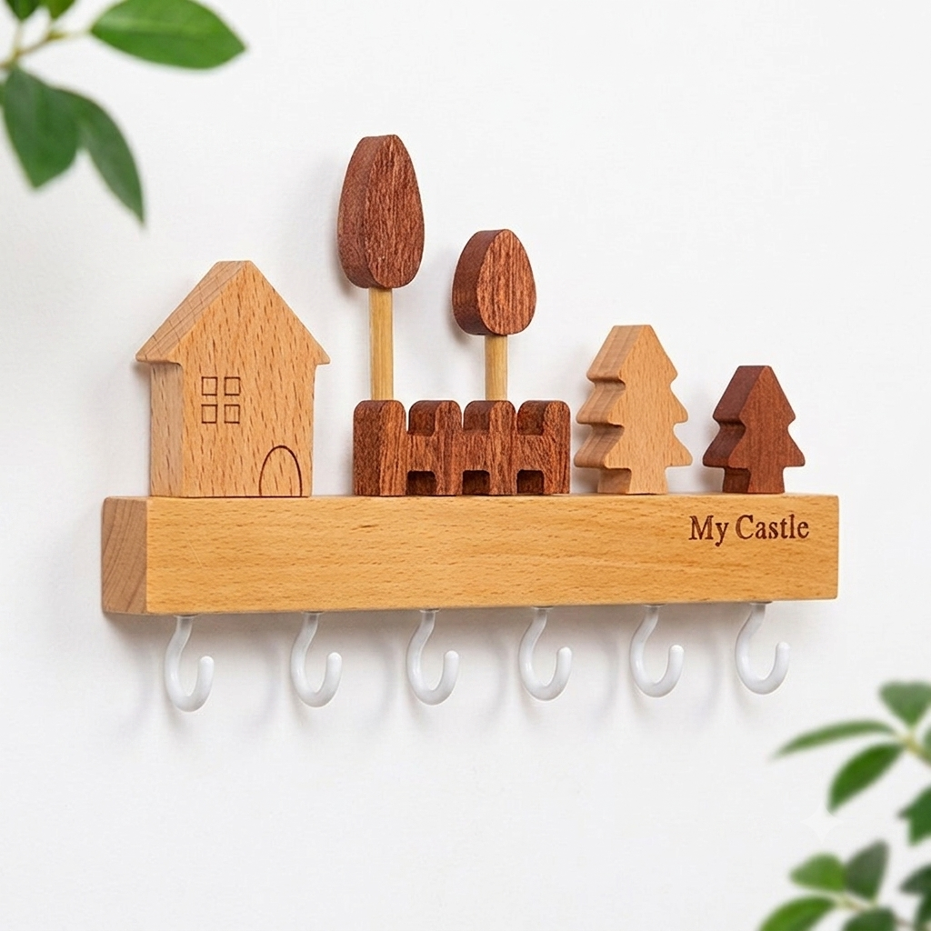 Porte-Manteau Mural en Bois - Porte-Clés