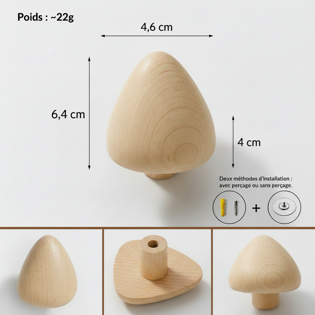 Porte-Manteau Adhésif en Bois - Patère sans Perçage